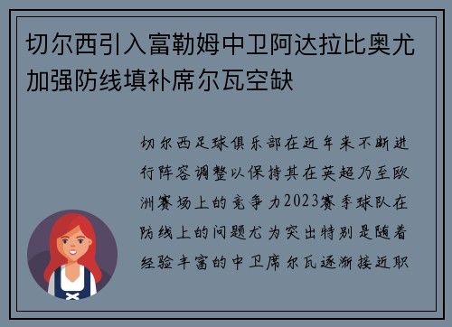 切尔西引入富勒姆中卫阿达拉比奥尤加强防线填补席尔瓦空缺