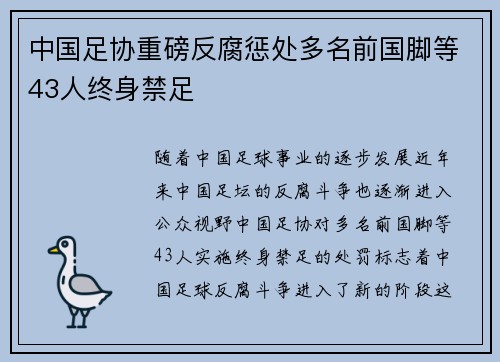 中国足协重磅反腐惩处多名前国脚等43人终身禁足 中国足协重磅反腐惩处多名前国脚等43人终身禁足