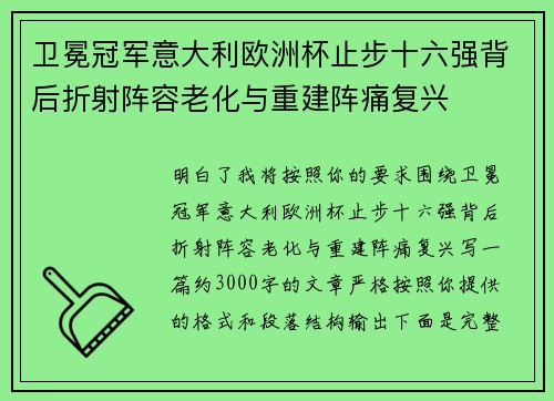 卫冕冠军意大利欧洲杯止步十六强背后折射阵容老化与重建阵痛复兴