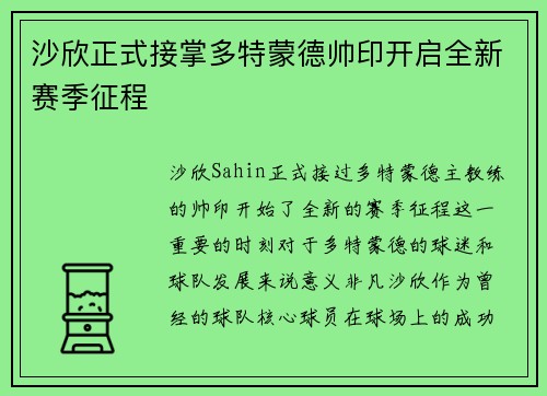 沙欣正式接掌多特蒙德帅印开启全新赛季征程 沙欣正式接掌多特蒙德帅印开启全新赛季征程
