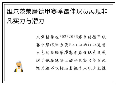 维尔茨荣膺德甲赛季最佳球员展现非凡实力与潜力